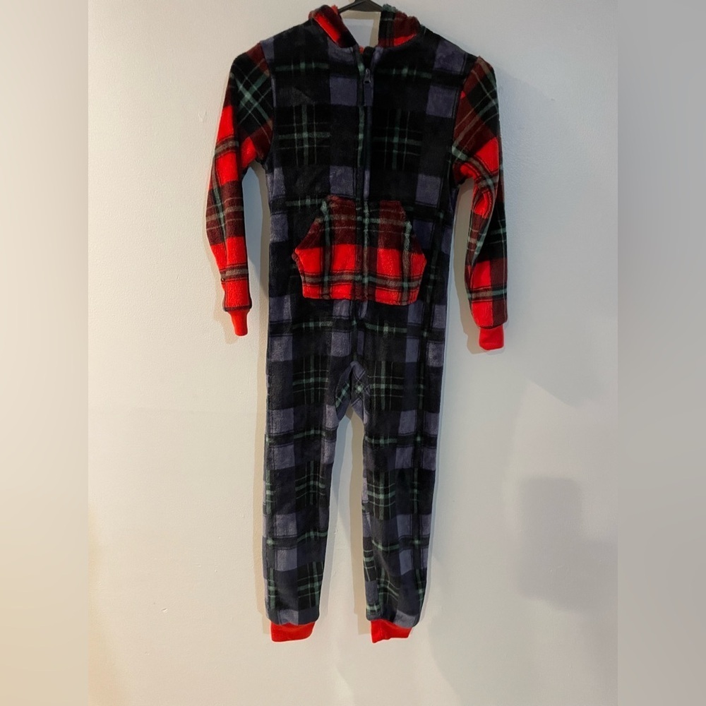 Kids fleece Plaid Footie with hoodie and pockets SZ 6/7